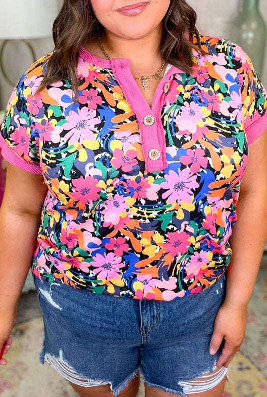 Rose Floral Print Henley Top (curvy)
